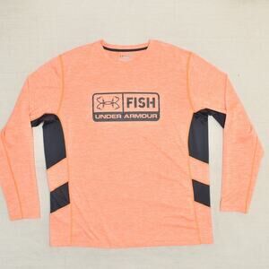Under Armour Men's Tee Long Sleeve Fish Polyester Orange Size 2XL Loose Heatgear
